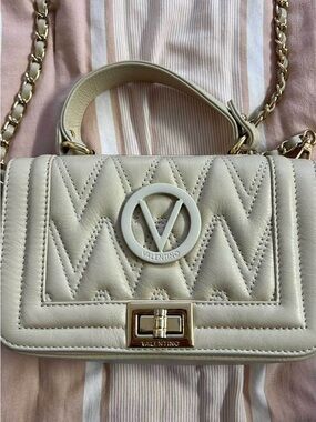 Valentino Cream Quilted Crossbody with Gold Chain and Logo